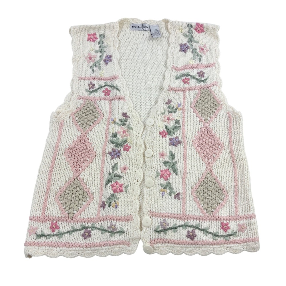 VTG 90s Knit Sweater Vest Womens L Cream Embroidered Scalloped Granny Cottage